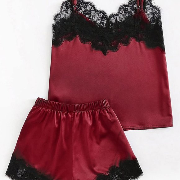 Wine Lace Satin Sleepwear Cami Top and Shorts Paja - Picture 4 of 10